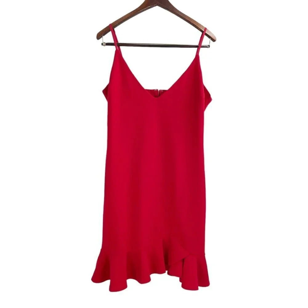 Showpo Red Spaghetti Strap Ruffle V-Neck Dress Womens Size 12 Feminine Flirty - Picture 3 of 11